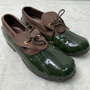 Tory Burch Women's Matthew Duck Boots 8 Green Brown Leather Rubber Rain Shoes